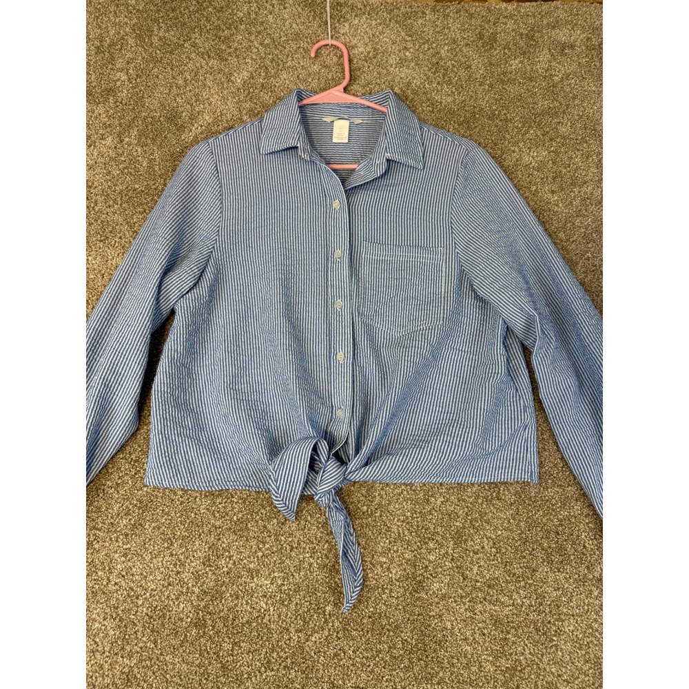 H&M Blue White Striped Seersucker Tie Front Button‎ Down Shirt Blouse Womens 4